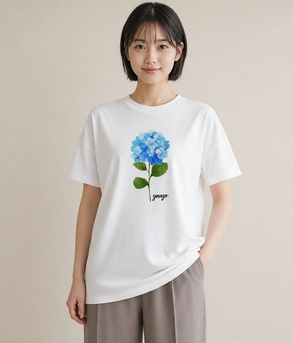 プリントTシャツ レディース あじさい 紫陽花 アジサイ 花 花柄 イラスト ニュアンス ラフ レイヤード 白T