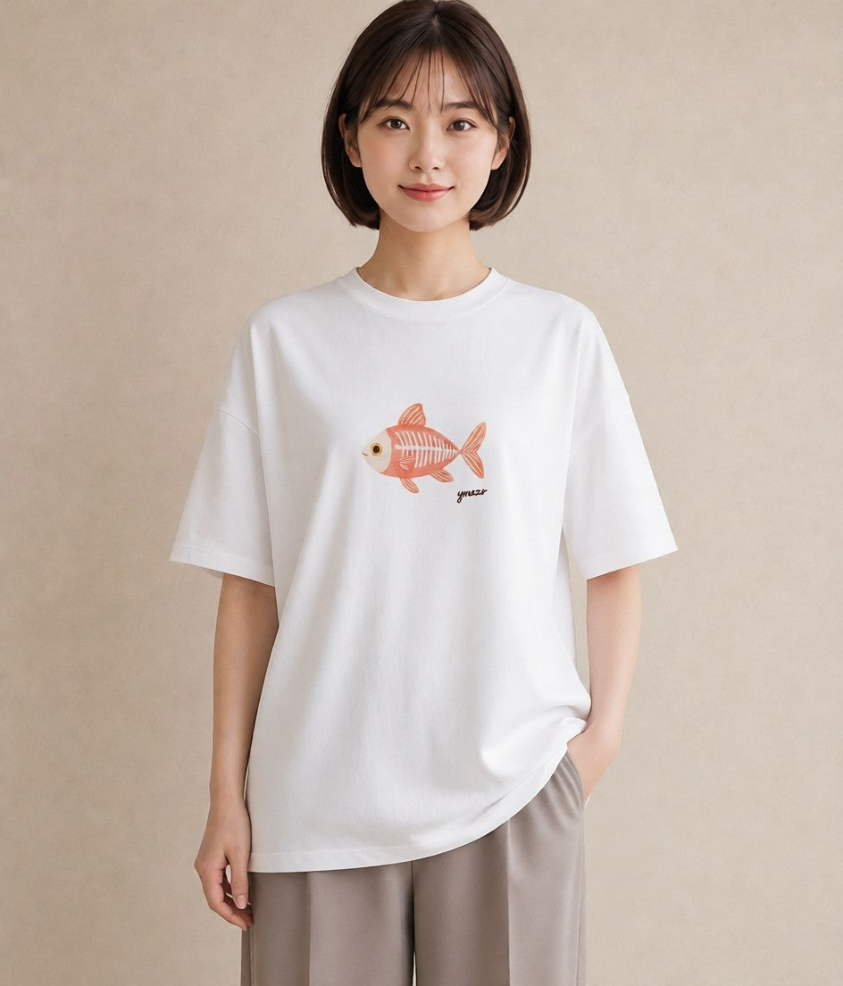 デザインTシャツ レディース メダカ ペット 動物 イラスト ニュアンス デイリーウェア 休日 白T YMAZO