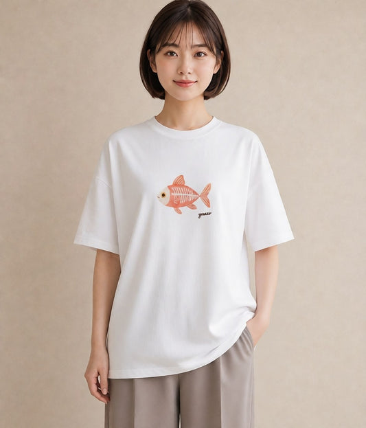 デザインTシャツ レディース メダカ ペット 動物 イラスト ニュアンス デイリーウェア 休日 白T YMAZO