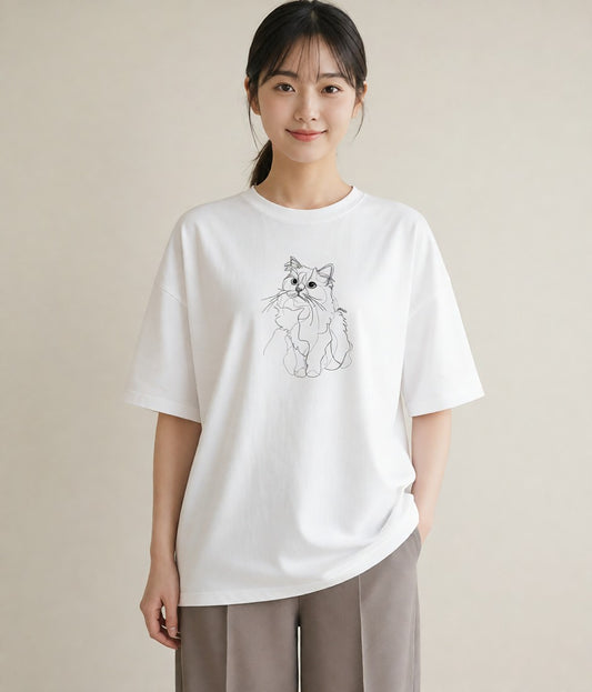 半袖Tシャツ レディース 猫 ねこ ネコ イラスト ポップ 買い物 夏コーデ 白T YMAZO