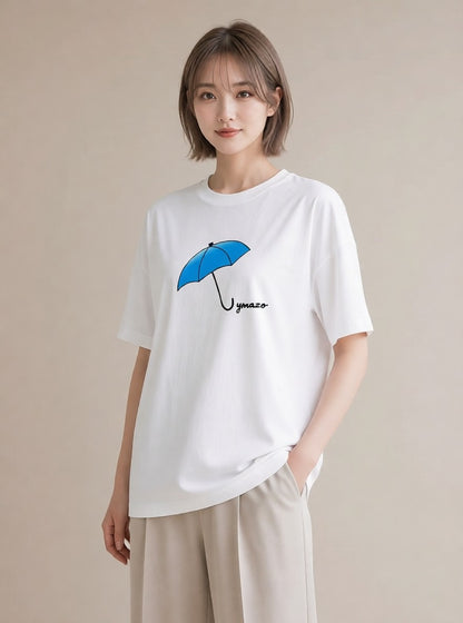 デザインTシャツ レディース 傘 水たまり 雨 ナチュラル アンティーク イラスト きれいめ 社会人 女性 白T YMAZO