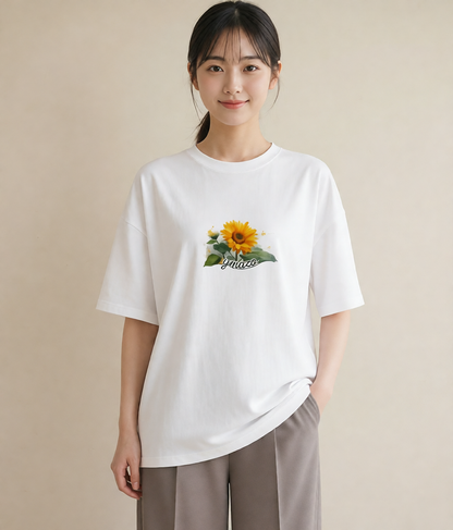 プリントTシャツ レディース ひまわり 向日葵 花 花柄 イラスト ラフカジュアル 友達ギフト 部屋着 白T