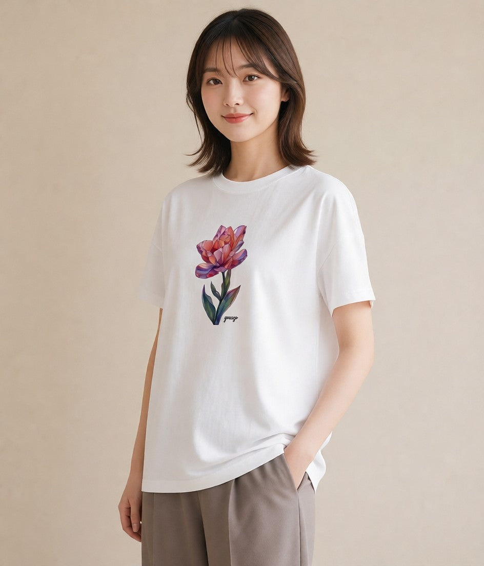 プリントTシャツ レディース チューリップ 花 花柄 イラスト ミニマル 部屋着 女性向けギフト 白T YMAZO