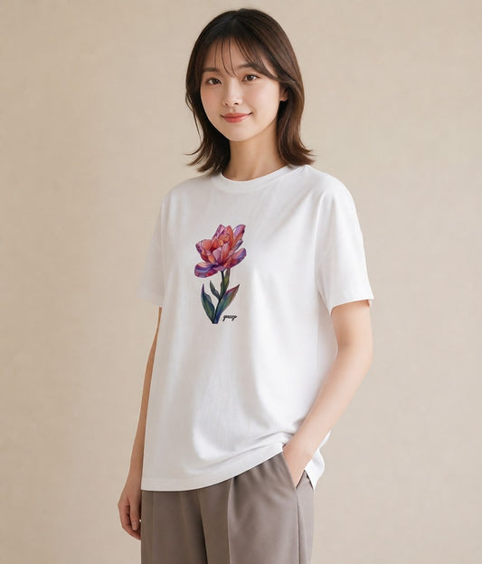 プリントTシャツ レディース チューリップ 花 花柄 イラスト ミニマル 部屋着 女性向けギフト 白T YMAZO