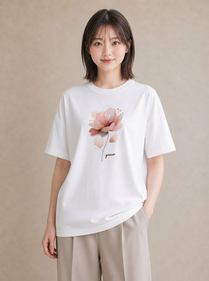 プリントTシャツ レディース 椿 花 花柄 イラスト 抜け感 送別ギフト 通勤 白T