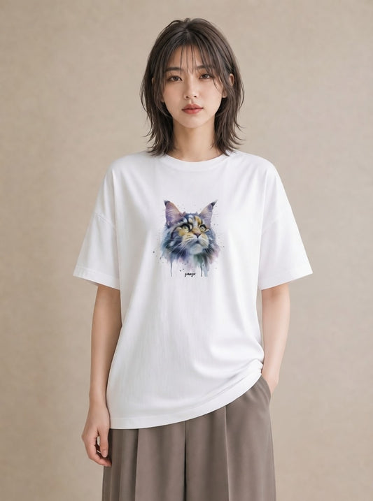 半袖Tシャツ レディース キジトラ 猫 ねこ イラスト 可愛い 通勤 在宅 白T YMAZO
