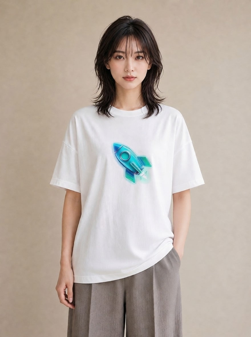 デザインTシャツ レディース ロケット 星空 宇宙 イラスト 個性的 在宅 公園 白T YMAZO