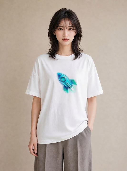 デザインTシャツ レディース ロケット 星空 宇宙 イラスト 個性的 在宅 公園 白T YMAZO