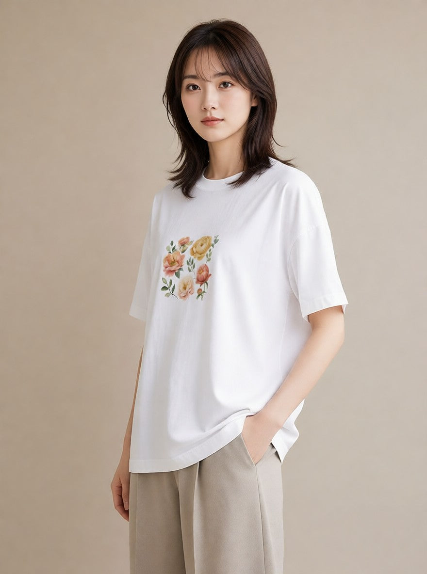 プリントTシャツ レディース 椿 花 花柄 イラスト 淡色 デイリーウェア 休日 白T YMAZO