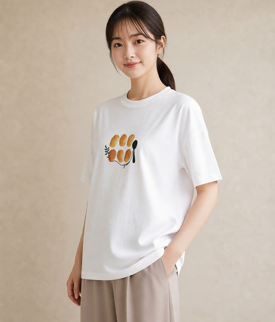 デザインTシャツ レディース クロワッサン 食べ物 フード イラスト 普段使い 普段着 週末コーデ 白T YMAZO