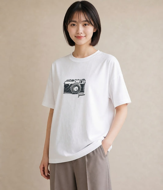 デザインTシャツ レディース カメラ フィルムカメラ レトロカメラ イラスト ラフ ビーチ デイリーウェア 白T YMAZO