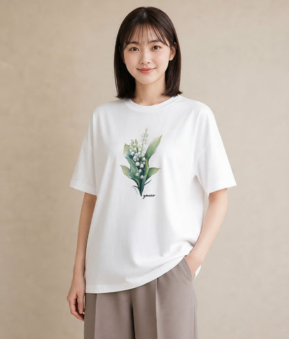 グラフィックTシャツ レディース すずらん 花 花柄 イラスト きれいめ 部屋着 女性向けギフト 白T YMAZO