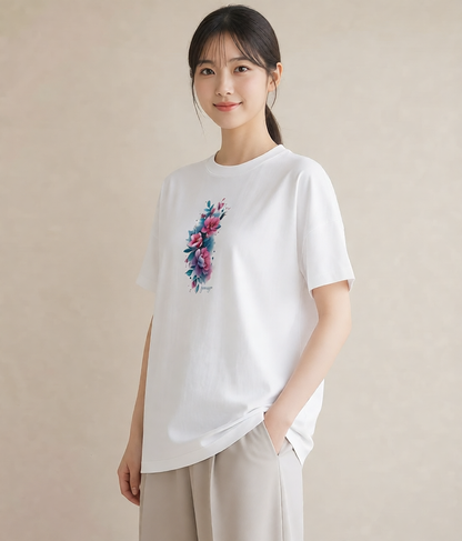 グラフィックTシャツ レディース 椿 花 花柄 イラスト アート風 女性 旅行用 白T