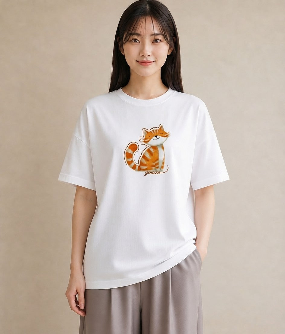 プリントTシャツ レディース しっぽ 猫 ねこ イラスト ヴィンテージ風 社会人 女性 白T YMAZO
