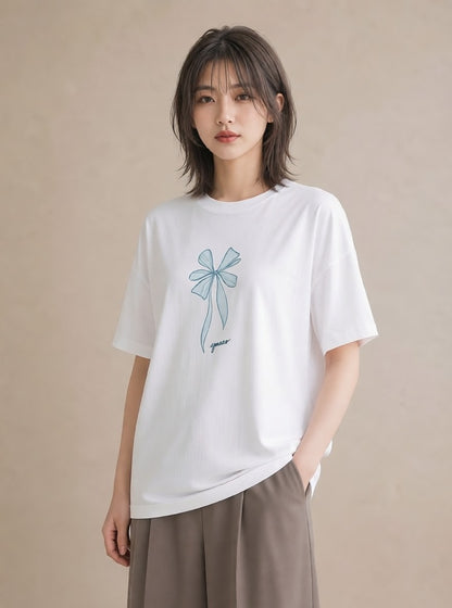 デザインTシャツ レディース リボン ボウ りぼん イラスト ラフ 公園 ママ 白T YMAZO