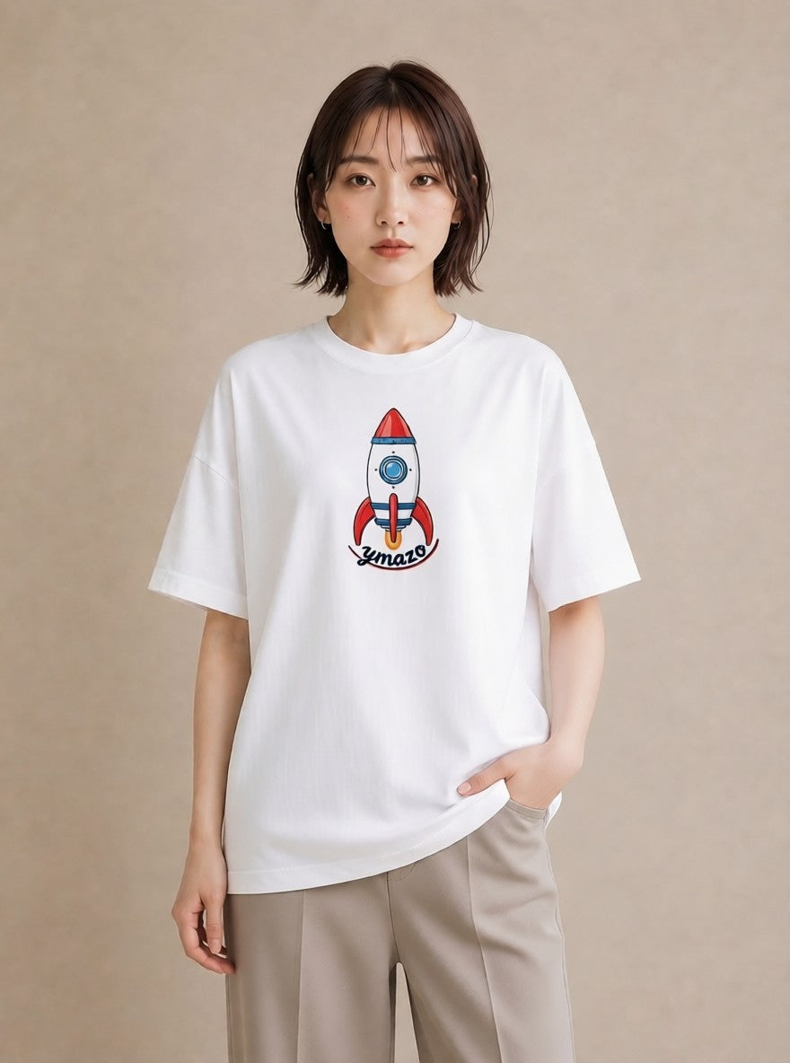 Tシャツ レディース ロケット 星空 宇宙 イラスト ヴィンテージ風 普段着 週末コーデ 白T YMAZO