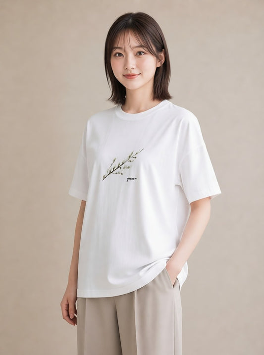 プリントTシャツ レディース ガラス瓶 小枝 ボタニカル ナチュラル アンティーク イラスト ゆるかわ レイヤード 友達ギフト 白T