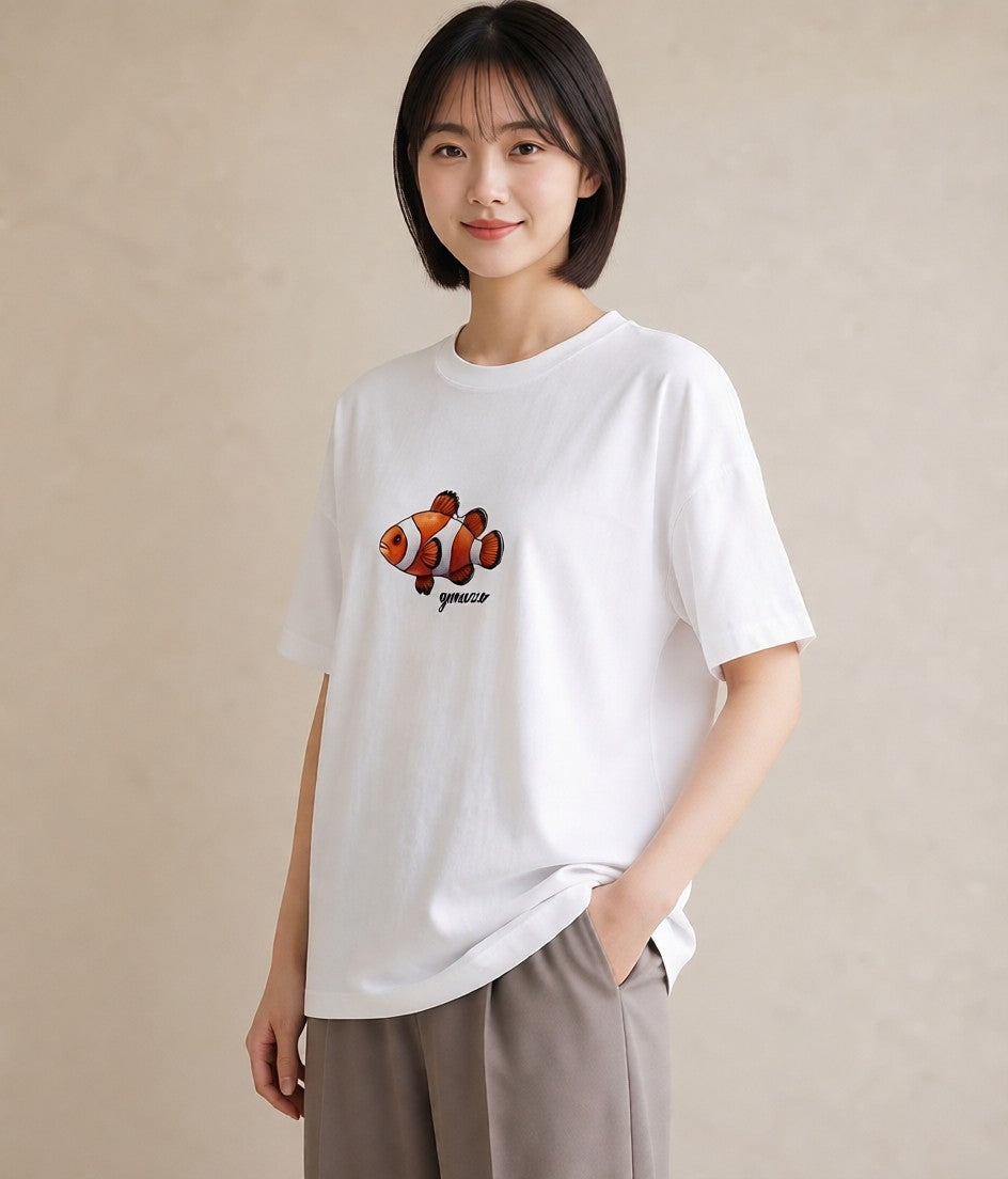 グラフィックTシャツ レディース 金魚 ペット 動物 イラスト ナチュラル ラフ レイヤード 白T YMAZO
