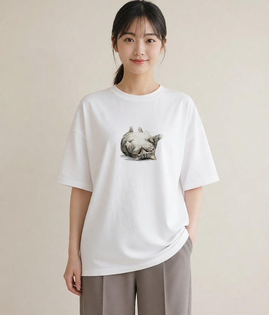 プリントTシャツ レディース アメリカンショートヘア 猫 ねこ イラスト 可愛い 海 カフェ巡り 白T YMAZO