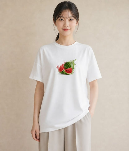 プリントTシャツ レディース すいか 食べ物 フード イラスト 韓国風 母娘コーデ 自分用 白T YMAZO