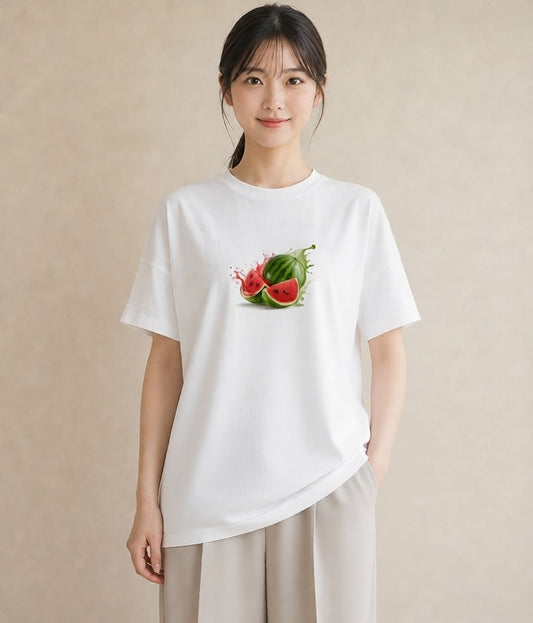 プリントTシャツ レディース すいか 食べ物 フード イラスト 韓国風 母娘コーデ 自分用 白T YMAZO