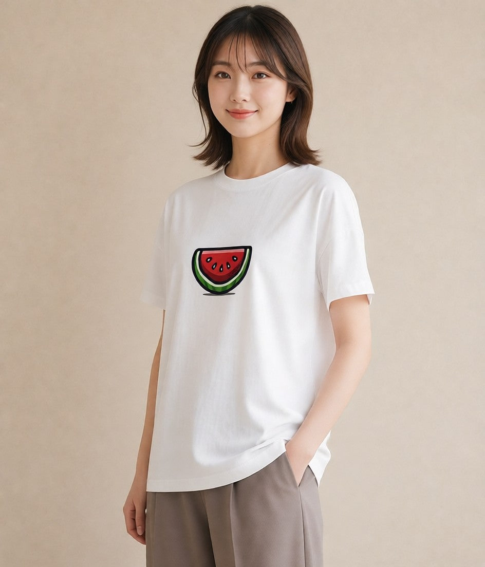 半袖Tシャツ レディース すいか 食べ物 フード イラスト 淡色 ギフト 母の日 白T YMAZO