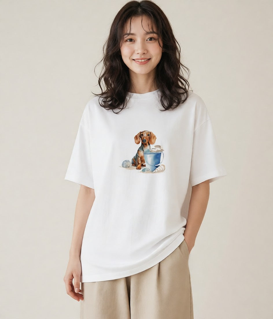 プリントTシャツ レディース ミニチュアダックスフンド 犬 いぬ イラスト 休日コーデ 夏コーデ 通学 白T YMAZO