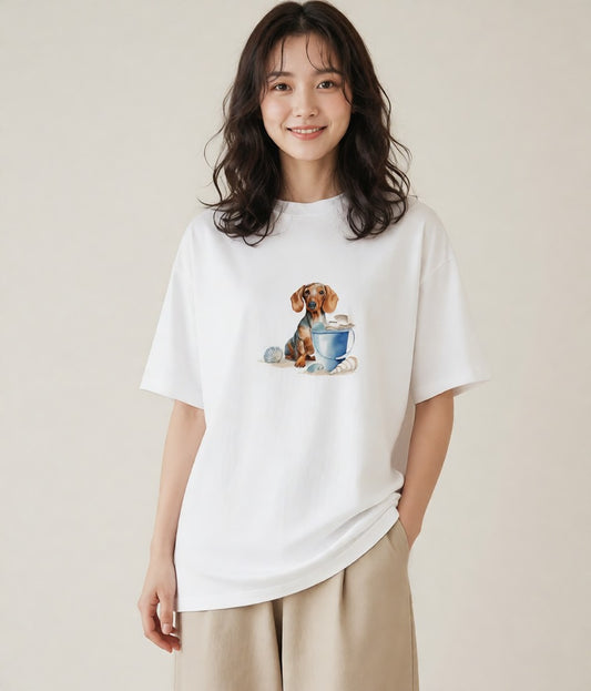 プリントTシャツ レディース ミニチュアダックスフンド 犬 いぬ イラスト 休日コーデ 夏コーデ 通学 白T YMAZO