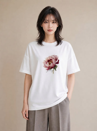 半袖Tシャツ レディース 牡丹 花 花柄 イラスト ゆるコーデ デイリーウェア 休日 白T