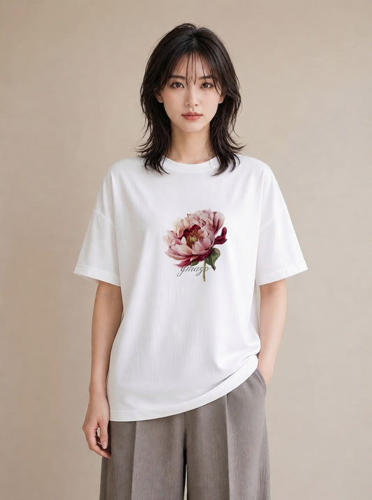 半袖Tシャツ レディース 牡丹 花 花柄 イラスト ゆるコーデ デイリーウェア 休日 白T YMAZO
