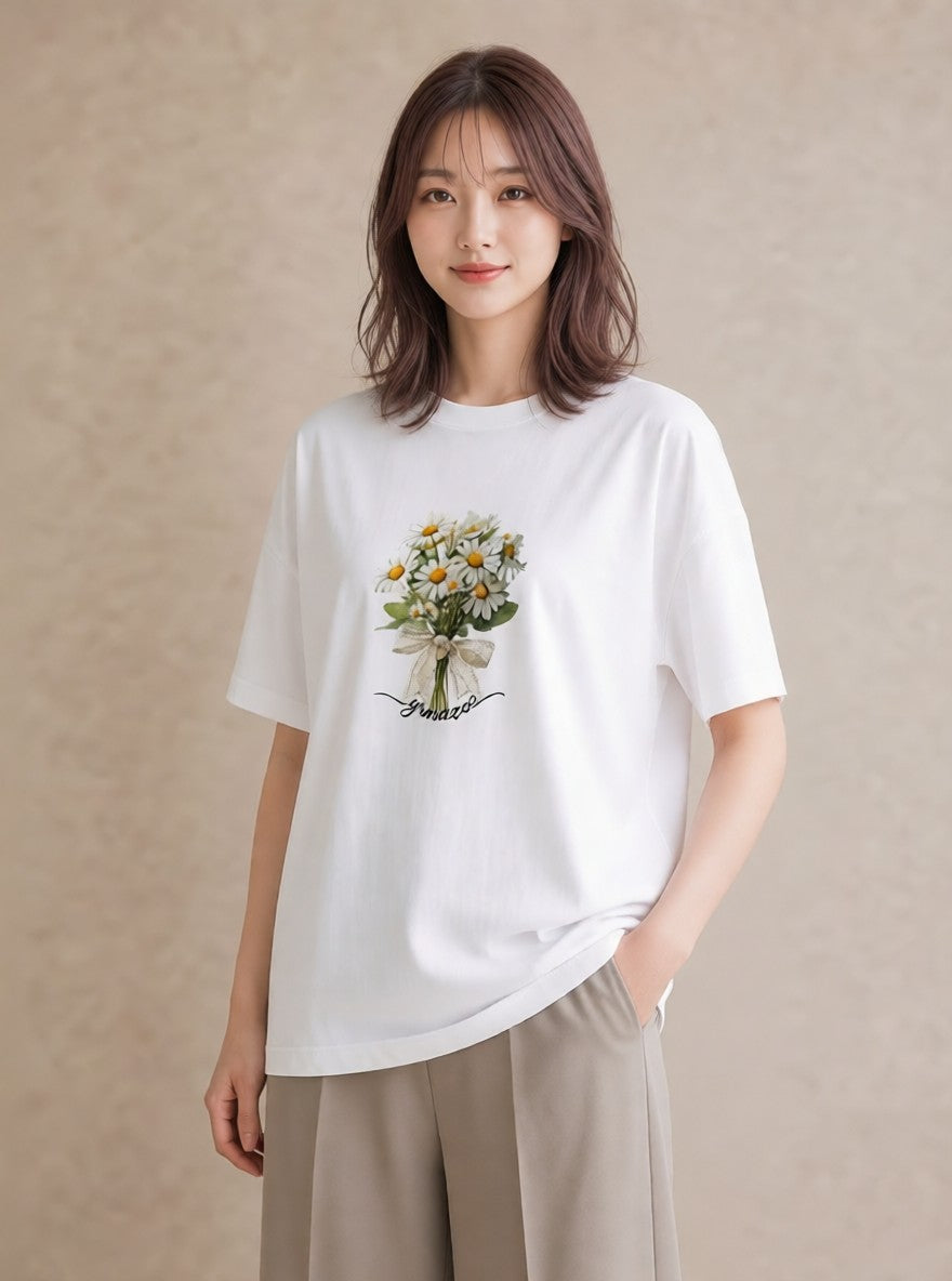 Tシャツ レディース マーガレット 花 花柄 イラスト きれいめ ギフト 母の日 白T YMAZO