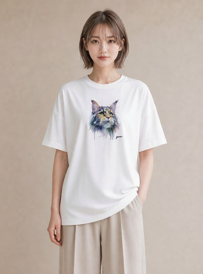 グラフィックTシャツ レディース 猫好き 猫 ねこ イラスト ミニマル お出かけ 普段着 白T YMAZO