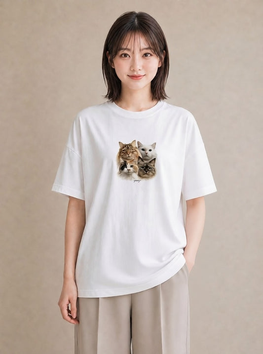 デザインTシャツ レディース 猫 ねこ イラスト ラフカジュアル 部屋着 女性向けギフト 白T YMAZO