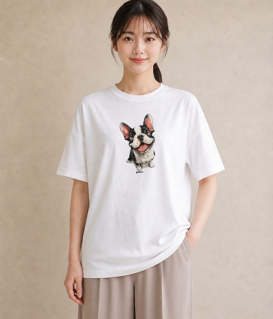 プリントTシャツ レディース フレンチブルドッグ フレブル 犬 いぬ イラスト 上品 ラフ レイヤード 白T YMAZO