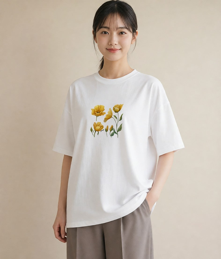 Tシャツ レディース チューリップ 花 花柄 イラスト ゆるコーデ ラフ レイヤード 白T YMAZO