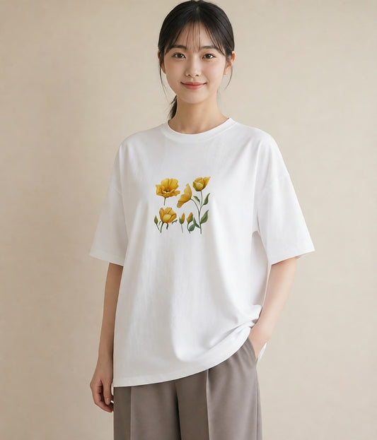 Tシャツ レディース チューリップ 花 花柄 イラスト ゆるコーデ ラフ レイヤード 白T YMAZO