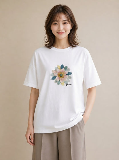 半袖Tシャツ レディース マーガレット 花 花柄 イラスト 韓国風 社会人 女性 白T YMAZO
