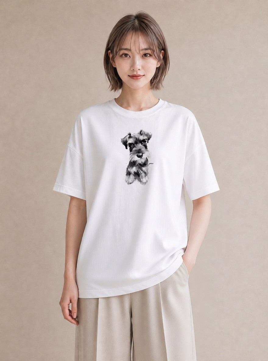 デザインTシャツ レディース ミニチュアシュナウザー 犬 いぬ イラスト カジュアル 社会人 女性 白T YMAZO