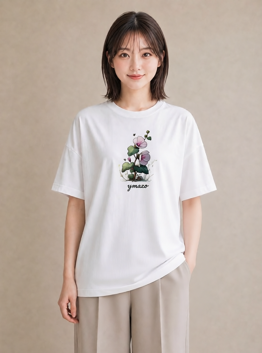 Tシャツ レディース パンジー 花 花柄 イラスト 線画 散歩 お出かけ 白T