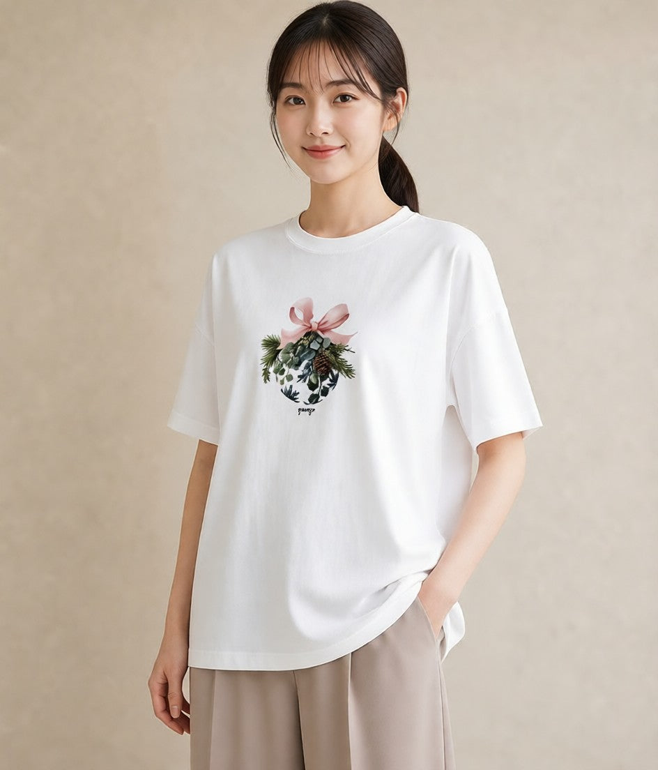 Tシャツ レディース 松ぼっくり 植物 ボタニカル イラスト 韓国風 秋コーデ おしゃれギフト 白T YMAZO