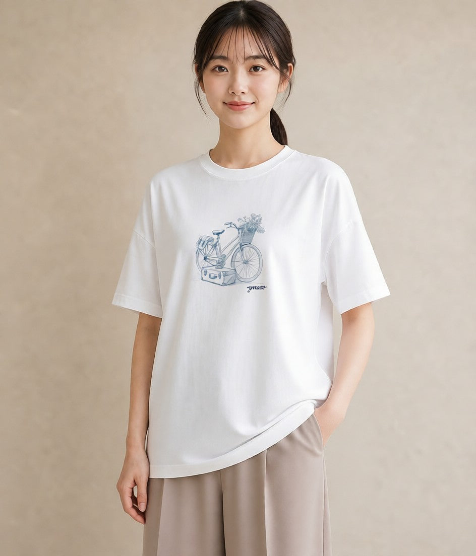 プリントTシャツ レディース 自転車のかご 自転車 花かご ナチュラル アンティーク イラスト 線画 通勤 在宅 白T YMAZO