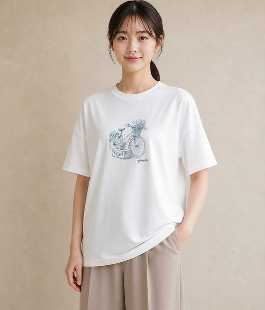 プリントTシャツ レディース 自転車のかご 自転車 花かご ナチュラル アンティーク イラスト 線画 通勤 在宅 白T