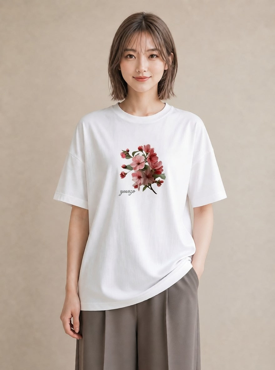 半袖Tシャツ レディース 梅 花 花柄 イラスト ボタニカル 帰省 ラフ 白T