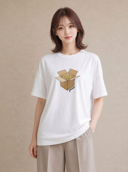 プリントTシャツ レディース ポップコーン 食べ物 フード イラスト 手描き風 夏コーデ 通学 白T YMAZO