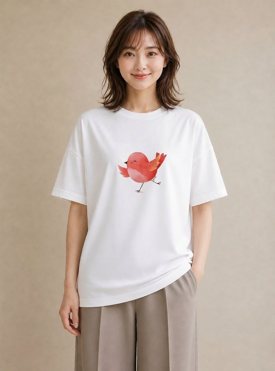 プリントTシャツ レディース 桜文鳥 ペット 動物 イラスト 手描き風 買い物 夏コーデ 白T YMAZO