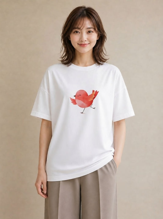 プリントTシャツ レディース 桜文鳥 ペット 動物 イラスト 手描き風 買い物 夏コーデ 白T YMAZO