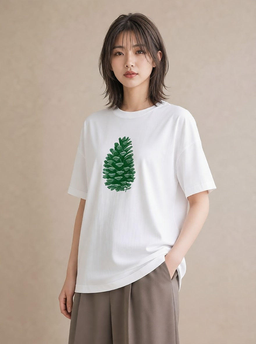 半袖Tシャツ レディース 松ぼっくり 植物 ボタニカル イラスト 抜け感 親子 20代 白T YMAZO