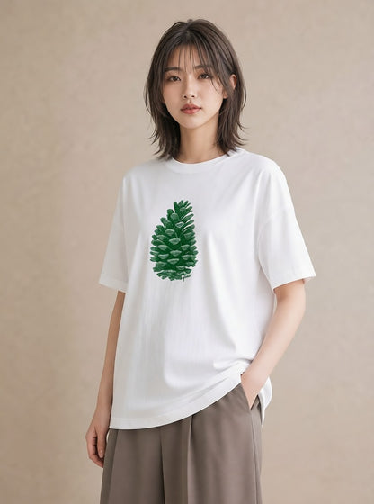 半袖Tシャツ レディース 松ぼっくり 植物 ボタニカル イラスト 抜け感 親子 20代 白T YMAZO