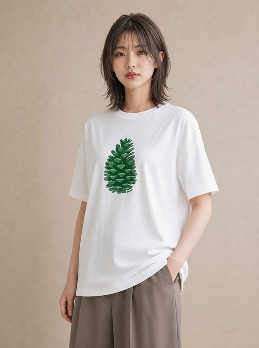 半袖Tシャツ レディース 松ぼっくり 植物 ボタニカル イラスト 抜け感 親子 20代 白T YMAZO