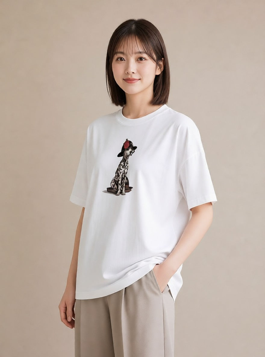 デザインTシャツ レディース ダルメシアン 犬 いぬ イラスト フェミニン 散歩 お出かけ 白T YMAZO